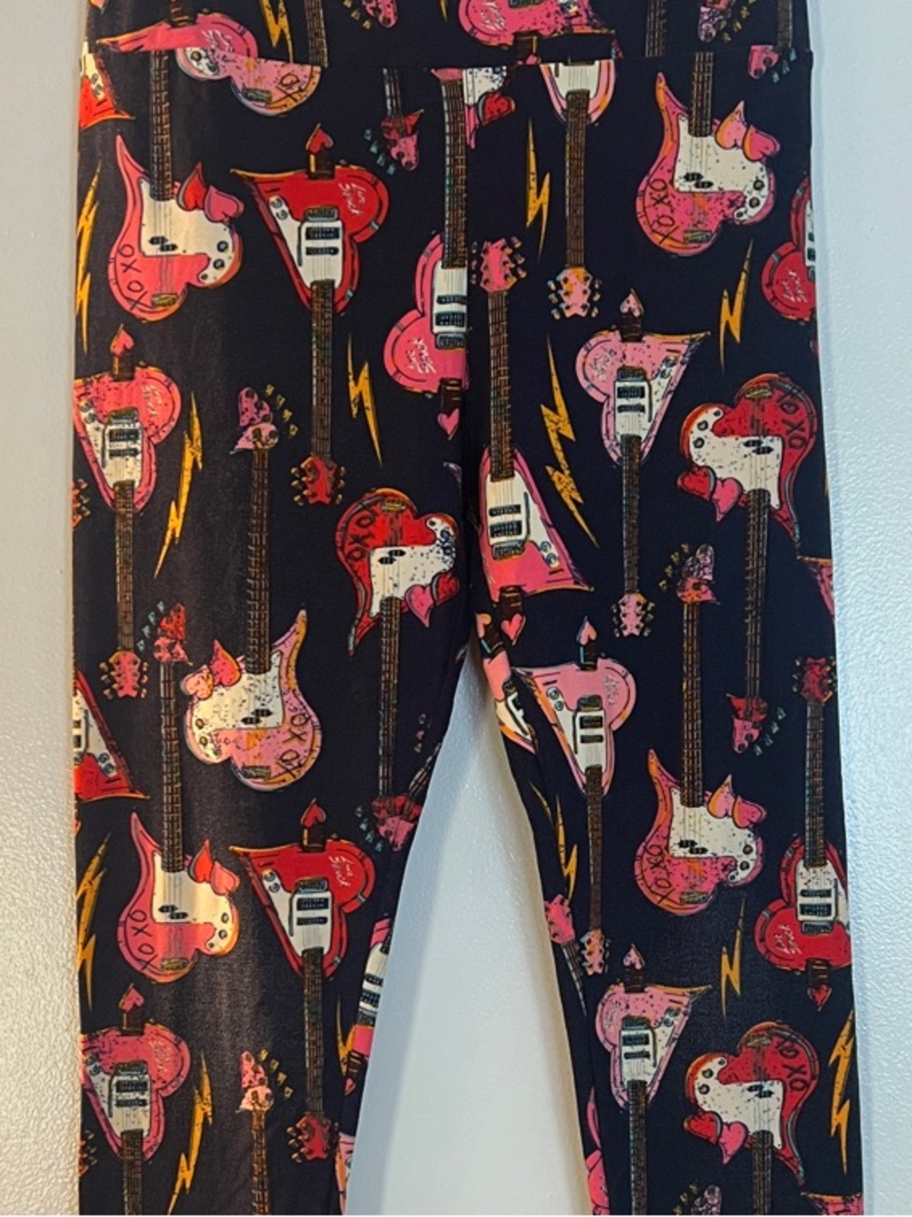 LuLaRoe Black Leggings with Pink & Red Guitar Print